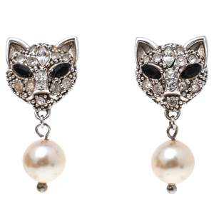 Miu Miu Sterling Silver Crystal Cat Pearl Drop Earrings