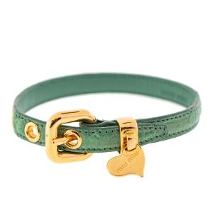 Miu Miu Green Madras Leather Gold Tone Heart Charm Bracelet 