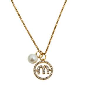 Miu Miu Crystal Logo and Faux Pearl Gold Tone Metal Pendant Necklace