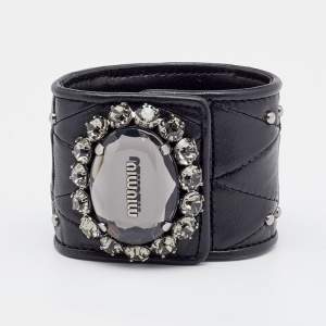 Miu Miu Black Quilted Leather Crystal Charm Wide Cuff Bracelet