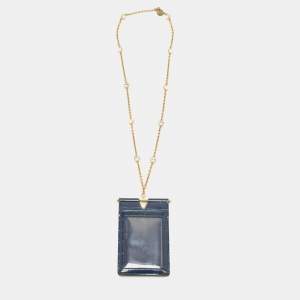 Miu Miu Navy Blue Croc Embossed Leather Chain Crystals Badge Holder