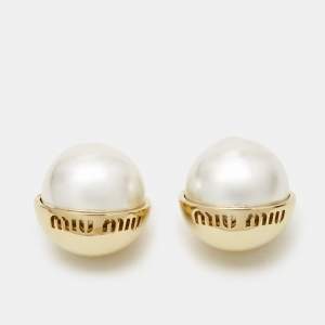 Miu Miu Logo Faux Pearl Gold Tone Earrings