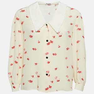 Miu Miu Yellow Heart Print Silk Scallop Trim Collar Shirt S