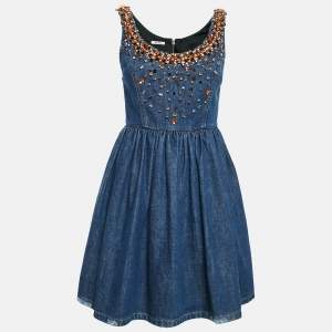 Miu Miu Blue Crystals Embellished Denim Sleeveless Mini Dress S