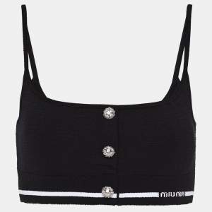 Miu Miu Black Crystal Embellished Button Stretch Knit Crop Top S