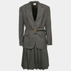Miu Miu Antracite Grey Prince Of Wales Check Wool Belted Blazer and Skirt Set XS/M