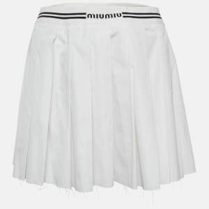 Miu Miu White Logo Intarsia Poplin Pleated Mini Skirt S
