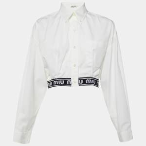 Miu Miu White Cotton Logo Band Cropped Shirt M