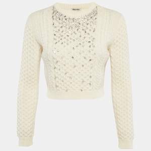 Miu Miu Cream Crystal Embellished Cable Knit Sweater S