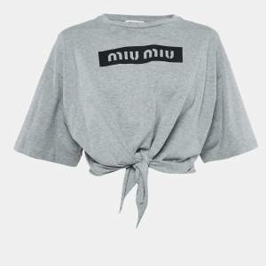 Miu Miu Grey Logo Print Cotton Knotted Crop Top M