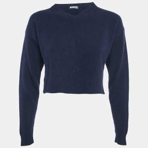 Miu Miu Navy Blue Wool V-Neck Crop Sweater S