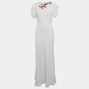 Miu Miu White Floral Embellished Crepe Ruched Sleeve Maxi Dress S