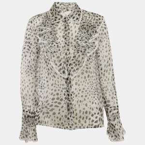 Miu Miu White Printed Silk Button Front Ruffled Blouse S