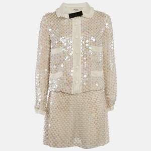 Miu Miu Off-White Embellished Silk Organza Mini Skirt and Top Set S