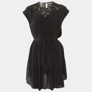 Miu Miu Black Silk & Lace Insert Pintuck Detail Mini Dress M