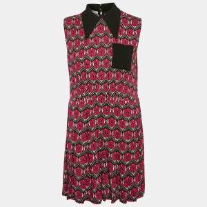 Miu Miu Red Floral Print Crepe Pleated Sleeveless Mini Dress M