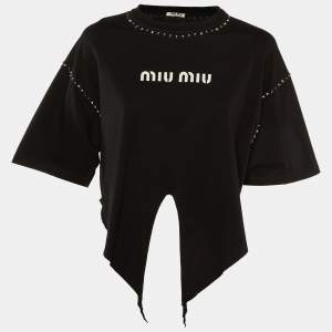 Miu Miu Black Logo Print Cotton Studded Front Tie Crop Top S