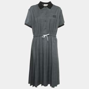 Miu Miu Grey Prince of Wales Check Wool Pleated Midi Dress M
