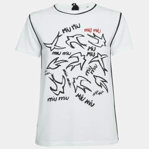 Miu Miu White Bird Print Cotton Knit Rear Tie-Up Detail Top S