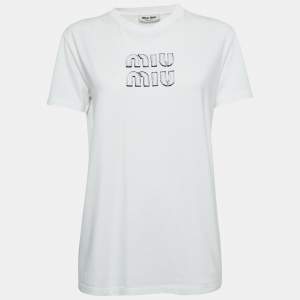 Miu Miu White Logo Applique Jersey T-Shirt M