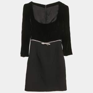 Miu Miu Black Velvet and Wool Crystal Bow Detail Mini Dress XS
