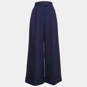 Miu Miu Blue Wool Drill Wide-Leg Pleated Trousers XS