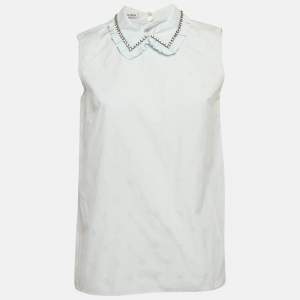 Miu Miu Blue Embroidered Cotton Ruffled Collar Sleeveless Shirt S