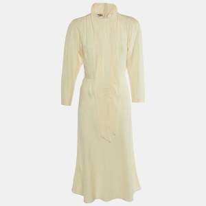 Miu Miu Cream Crepe Neck Tie Detail Midi Dress M