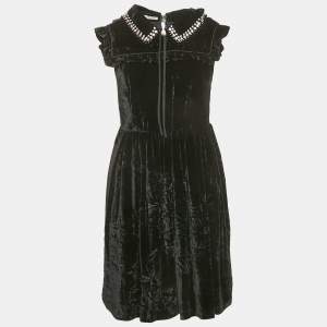 Miu Miu Black Embellished Velvet Ruffled Mini Dress S