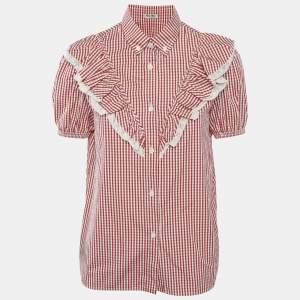 Miu Miu Red/White Cotton Gingham Ruffled Button Front Blouse M