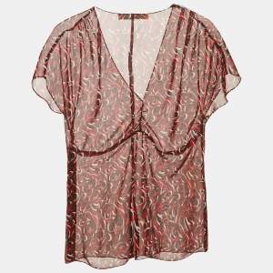 Miu Miu Vintage Red Printed Chiffon Ruche Top M