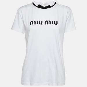Miu Miu White Logo Print Cotton Bow Detail T-Shirt M