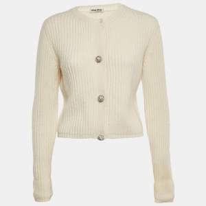Pre Owned Miu Miu Cream Rib Knit Closure Detail Cardigan S