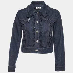 Miu Miu Dark Blue Denim Ruffled Crop Jacket S