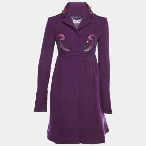 Pre Owned Miu Miu Purple Wool Embellished Long Sleeve Coat S