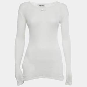 Pre Owned Miu Miu White Logo Applique Rib Knit Top XS