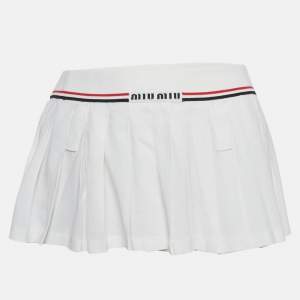 Pre Owned Miu Miu White Crepe Rib Waist Pleated Micro Skirt S