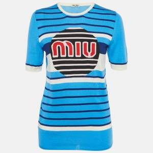 Pre Owned Miu Miu Blue Intrasia Wool Knit Short Sleeve Sweater M