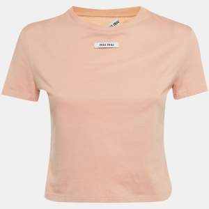 Pre Owned Miu Miu Pink Logo Applique Jersey Crop Top S