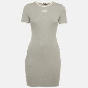 Pre Owned Miu Miu Grey Logo Patch Rib Knit Mini Dress XS