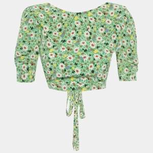 Pre Owned Miu Miu Green Floral Print Crepe Silk Tie Detail Crop Top S