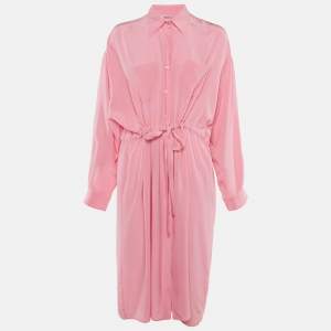 Pre Owned Miu Miu Pink Silk Button Front Midi Dress M