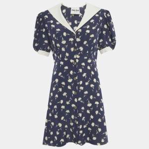 Pre Owned Miu Miu Blue Floral Print Silk Mini Dress M