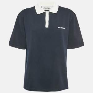 مملوكة مسبقًا Miu Miu Navy Blue Logo Embroidered Cotton Pique Polo T-Shirt L