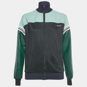 مملوكة مسبقًا Miu Miu Navy/Green Leather and Jersey Zip-Up Jacket S