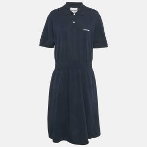 Pre Owned Miu Miu Navy Blue Cotton Pique Cinched Waist Midi Dress M