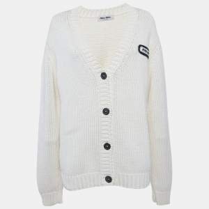 مملوكة مسبقًا Miu Miu White Logo Patch Rib Knit Cardigan L