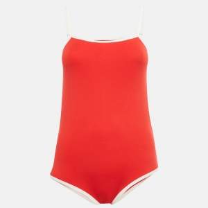 مملوكة مسبقًا Miu Miu Red Logo Applique Technical Knit One Piece Swimsuit S