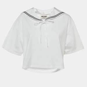 مملوكة مسبقًا Miu Miu White Cotton Logo Embroidered Sailor Collar T-Shirt L