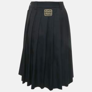 مملوكة مسبقًا Miu Miu Blue Logo Applique Wool Pleated Knee Length Skirt M